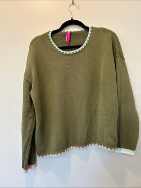 Olive Crewneck Sweater with Pastel Trim by Zaket & Plover